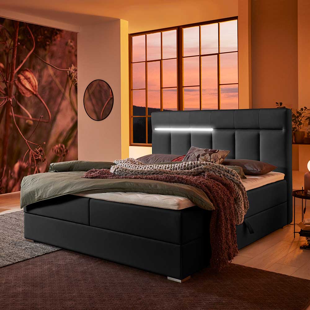 iMöbel Amerikanisches Bett in Schwarz Kunstleder LED Beleuchtung und Bettkasten