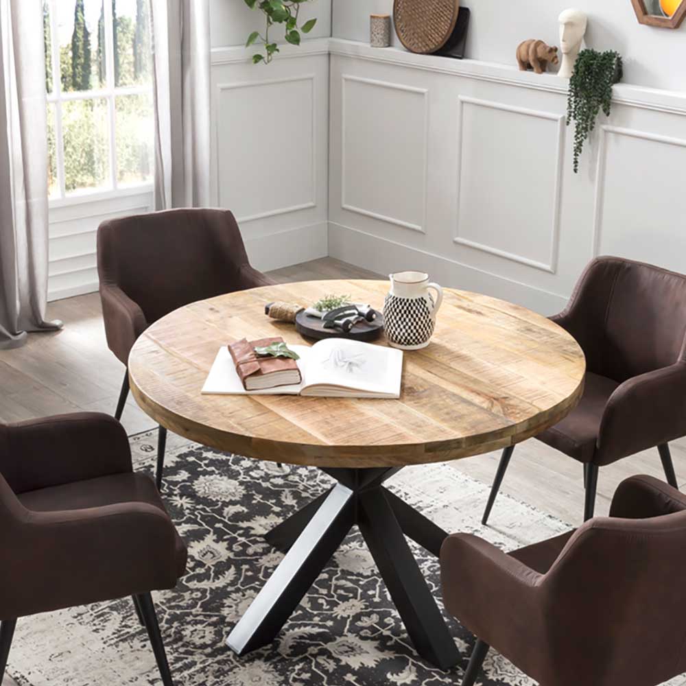 Möbel Exclusive Runder Esszimmertisch aus Mangobaum Massivholz und Metall 120 cm breit