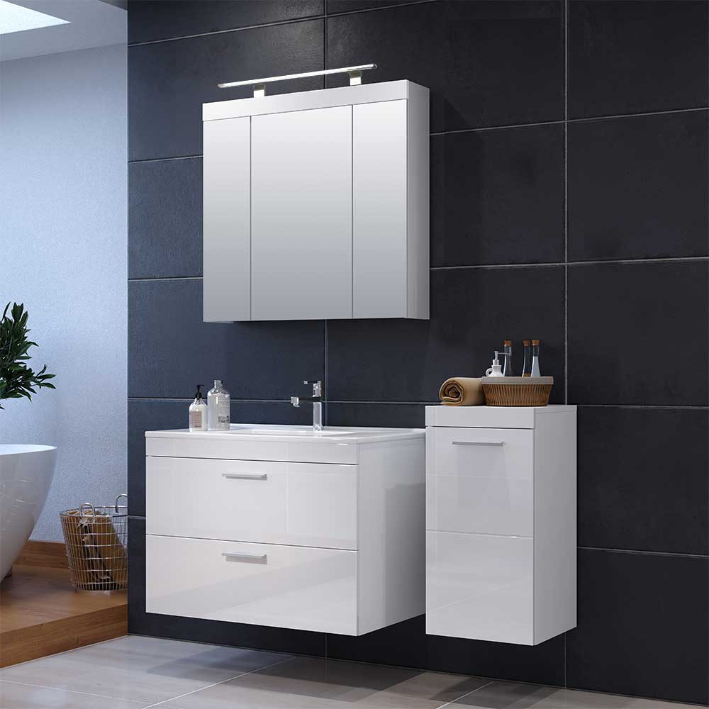 TopDesign Badezimmermöbel Set weiss in modernem Design Hochglanz Front (dreiteilig)