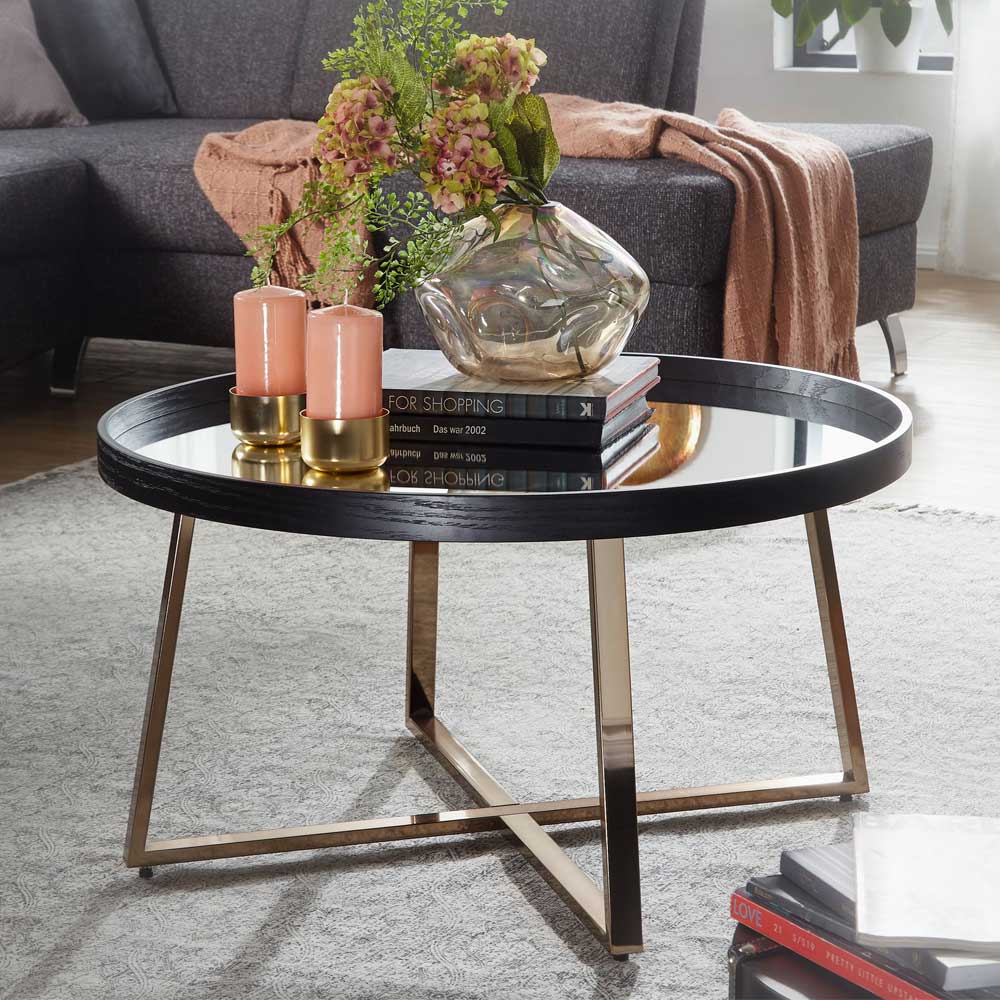 Möbel4Life Salontisch in Schwarz und Altgoldfarben runder Spiegelglas Platte