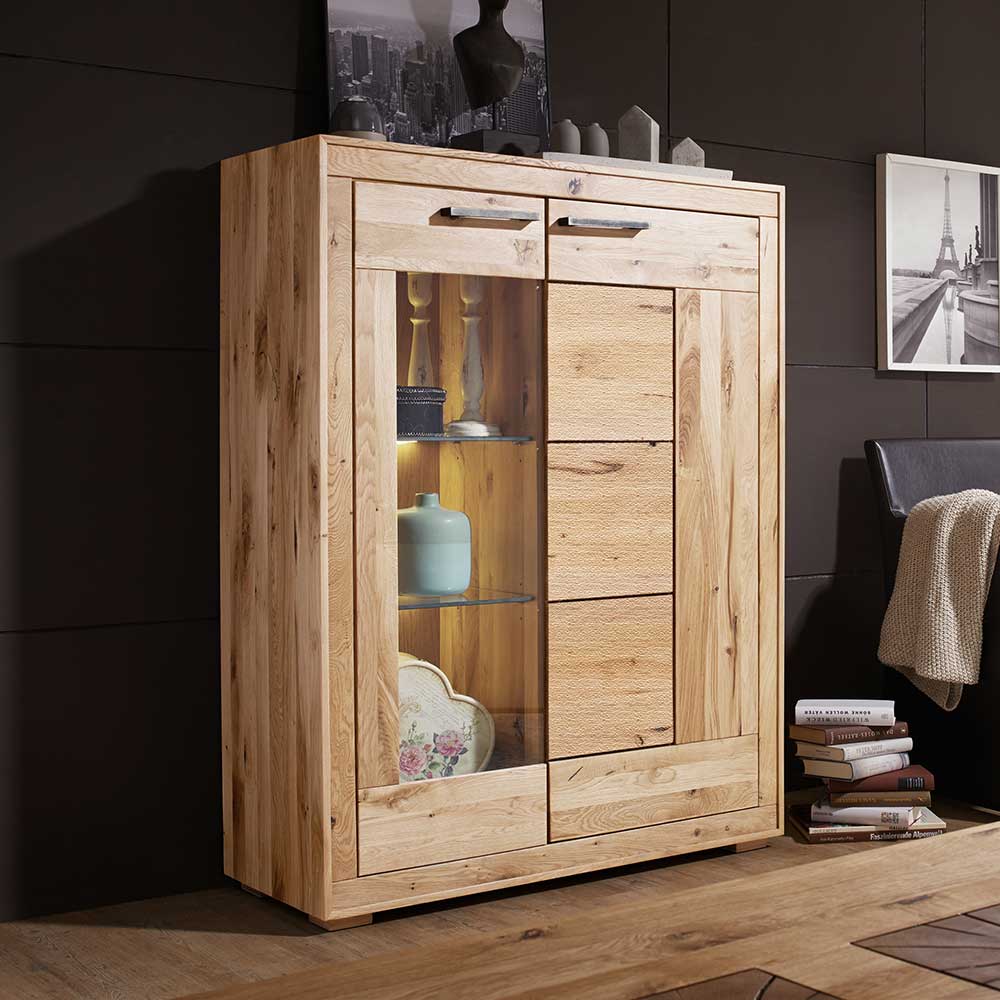 Basilicana Esszimmer Highboard aus Wildeiche Massivholz hell sandgestrahlt und geölt