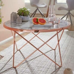 Möbel4Life Wohnzimmertisch in Kupferfarben runder Tischplatte in Marmor Optik