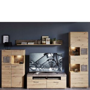 BestLivingHome Fernseher Schrankwand in Graubraun und Wildeiche Optik LED Beleuchtung (vierteilig)