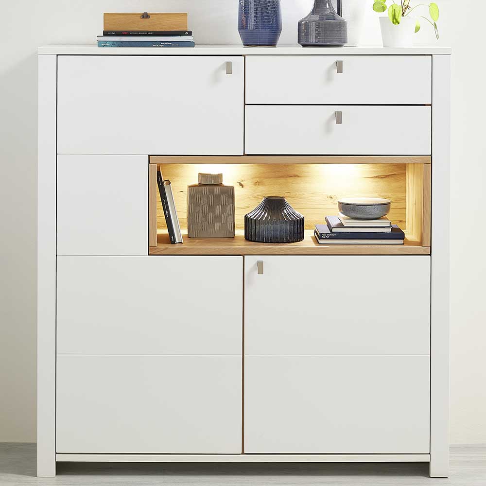 BestLivingHome Wohnzimmer Highboard in Weiß und Wildeiche Optik LED Beleuchtung