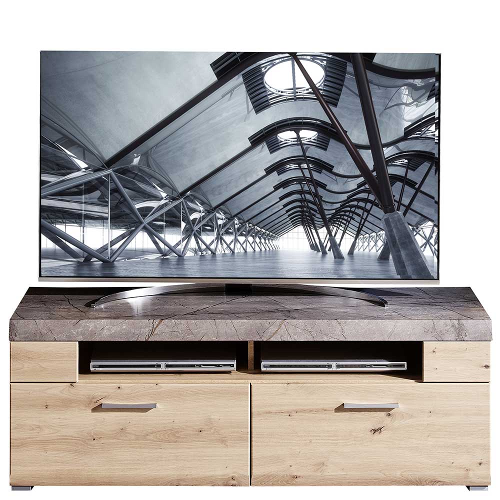BestLivingHome Fernsehlowboard in Graubraun und Wildeiche Optik 140 cm breit