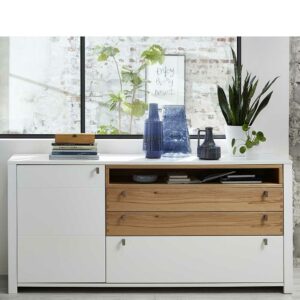 BestLivingHome Wohnzimmer Sideboard in Weiß und Wildbuche Optik 90 cm hoch