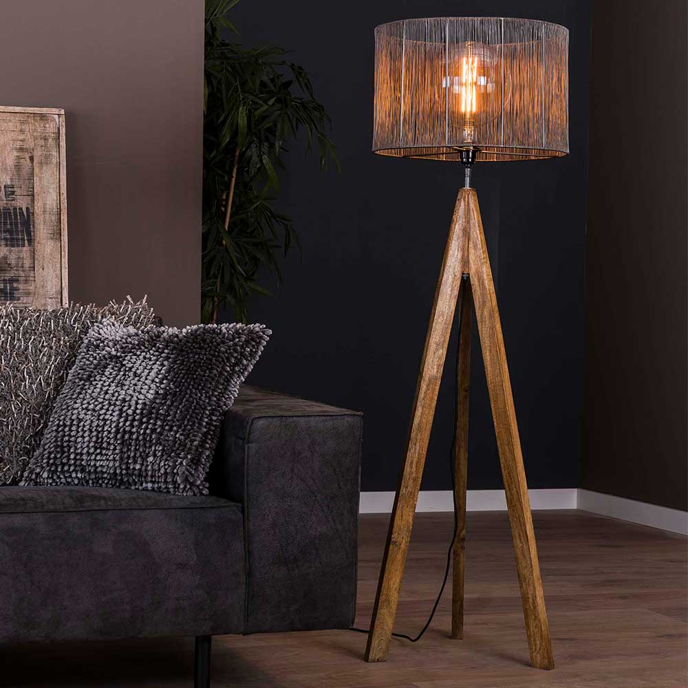 Rodario Dreibein Stehlampe aus Metall Mangobaum Massivholz