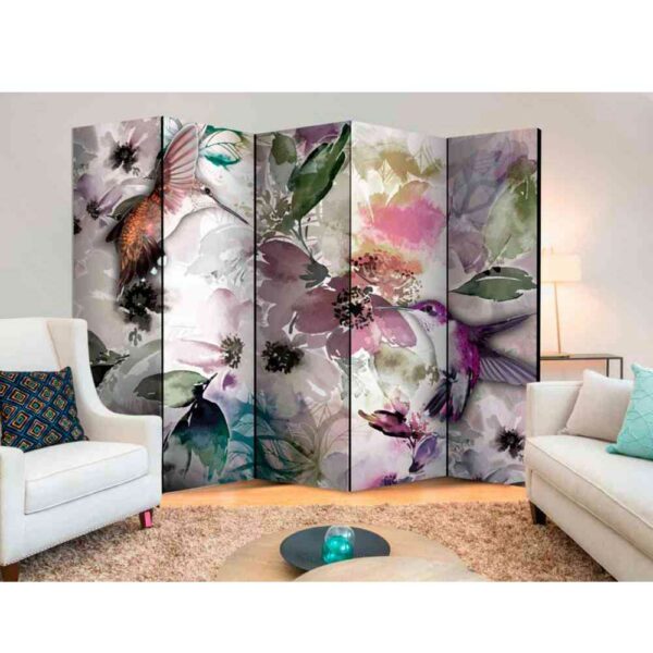 4Home Raumteiler Paravent mit gemalten Blumen und Vögeln Bunt