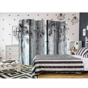 4Home Schlafzimmer Raumteiler mit Wald Motiv und Vögeln Grau und Schwarz