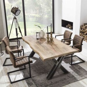 Möbel Exclusive Baumkanten Sitzgruppe aus Mangobaum Massivholz Braun Kunstleder (fünfteilig)