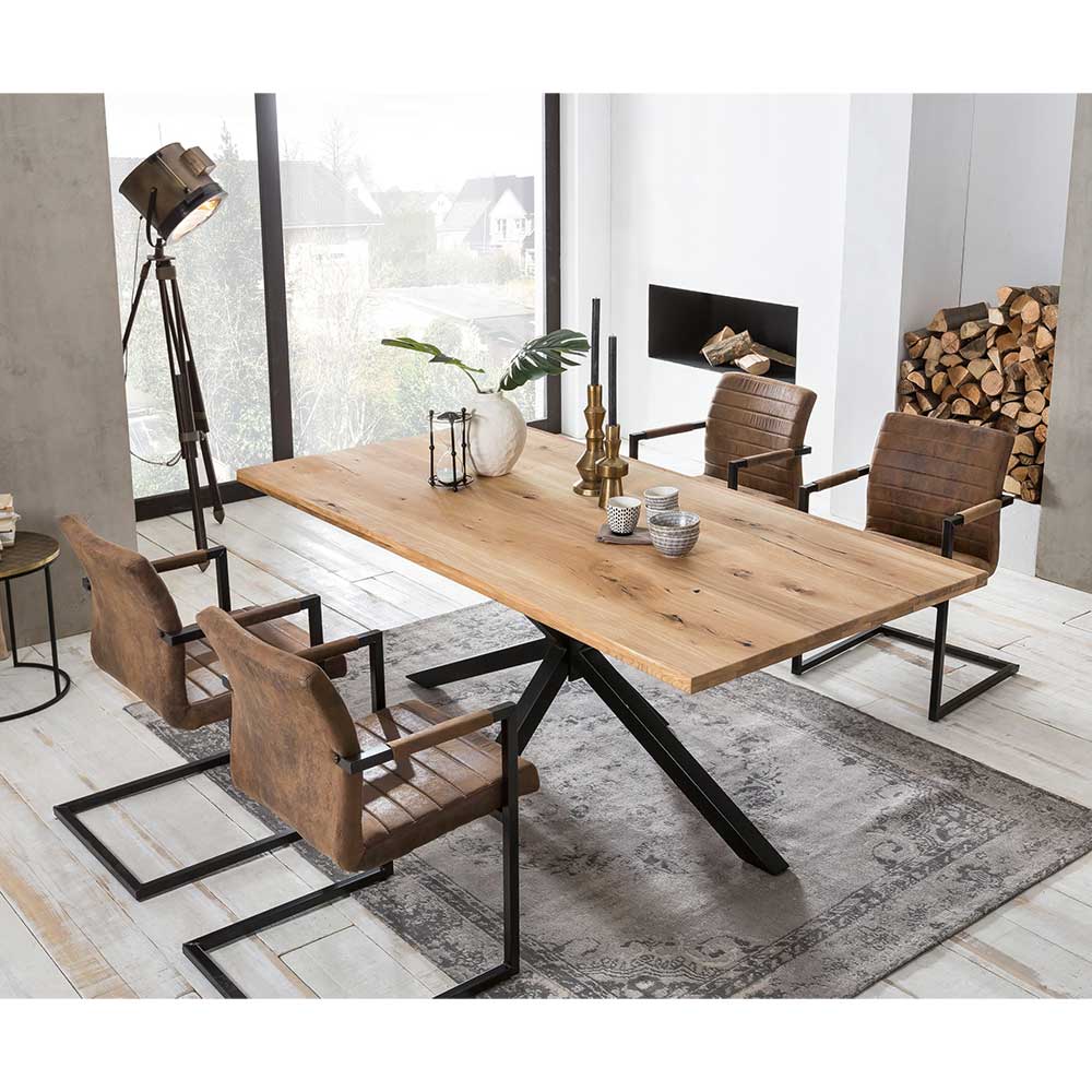 Möbel Exclusive Industriedesign Essgruppe aus Wildeiche Massivholz Braun Kunstleder