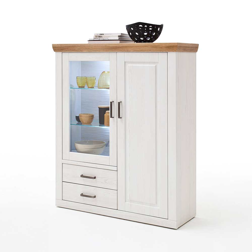 TopDesign Landhaus Highboard Vitrine in Weiß und Eiche Optik 40 cm tief