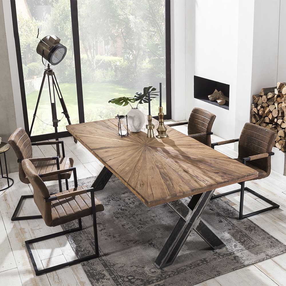 Möbel Exclusive Sitzgarnitur im Loft Design Teak Recyclingholz und Braun Kunstleder (fünfteilig)