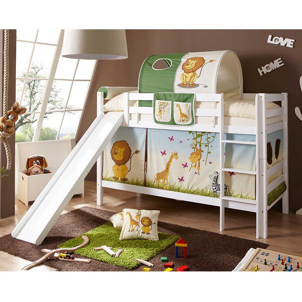 Massivio Kinderzimmer Rutschbett mit Zootier Motiven Buche Massivholz in Weiß
