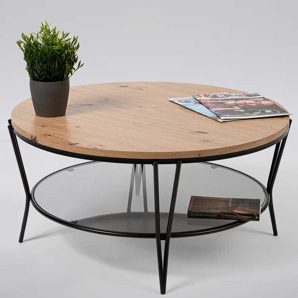 Möbel4Life Runder Sofa Tisch in Wildeichefarben und Schwarz 80 cm Durchmesser