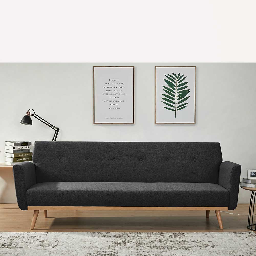 Rodario Funktions Klappsofa in Schwarz und Holz Naturfarben Skandi Design