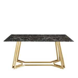Rodario Design Esstisch mit Glasplatte schwarz marmoriert Metall Bügelgestell Goldfarben