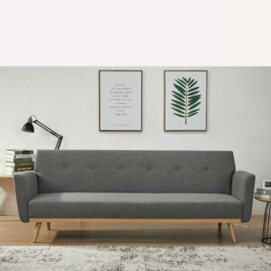 Rodario Dreisitzer Sofa in Dunkelgrau und Holz Naturfarben Rücken Klappmechanik