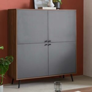 Rodario Highboard in Walnussfarben und Grau Vierfußgestell