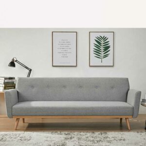 Rodario Funktions Sofa in Hellgrau und Holz Naturfarben Rücken Klappmechanik