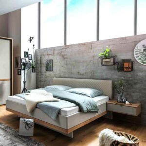 Franco Möbel Modernes Komfortbett in Beige und Eiche Bianco Nachtkonsolen (dreiteilig)