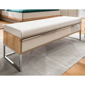 Franco Möbel Ankleidebank in Eiche Bianco und Beige Glas beschichtet 50 cm Sitzhöhe