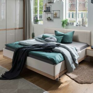 Franco Möbel Design Bett in Beige und Eiche Bianco gepolstertem Kopfteil