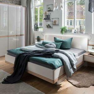 Franco Möbel Design Doppelbett in Beige und Eiche Bianco LED Beleuchtung