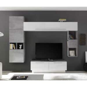 Homedreams Fernseher Wohnwand in Weiß Hochglanz und Beton Grau 265 cm breit (achtteilig)