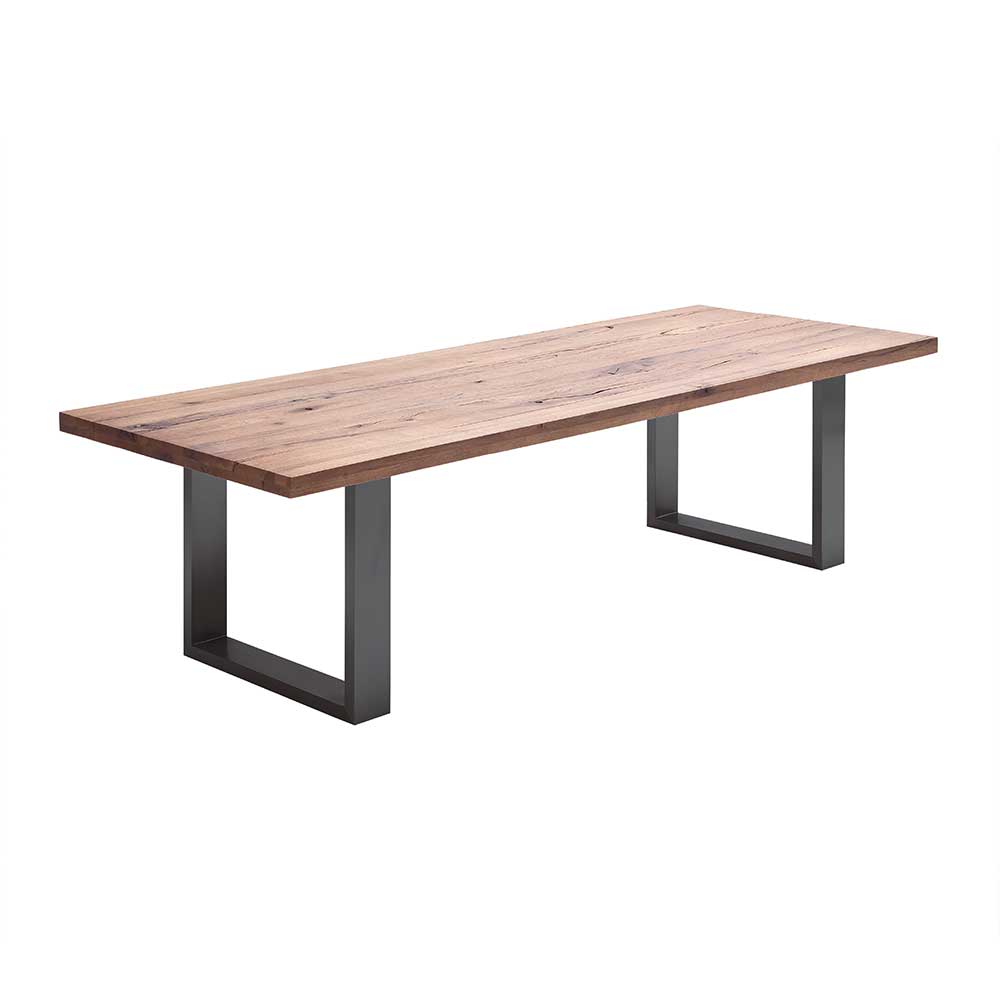 TopDesign Tisch aus Zerreiche massiv dunkel lackiert Bügelgestell aus Stahl