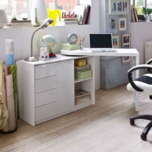 TopDesign Schreibtisch mit Schrank Hochglanz Weiß