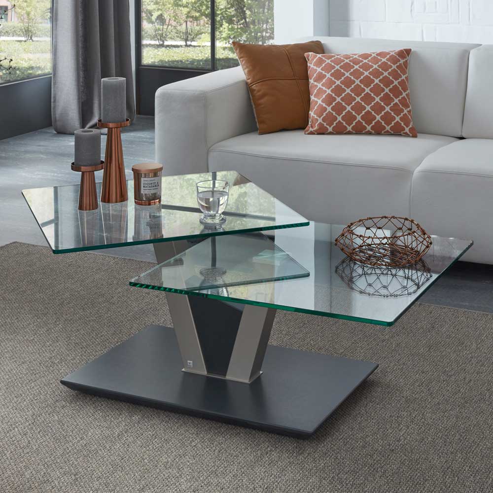 Rodario Design Couchtisch mit zwei schwenkbaren Glasplatten Säulengestell aus Metall