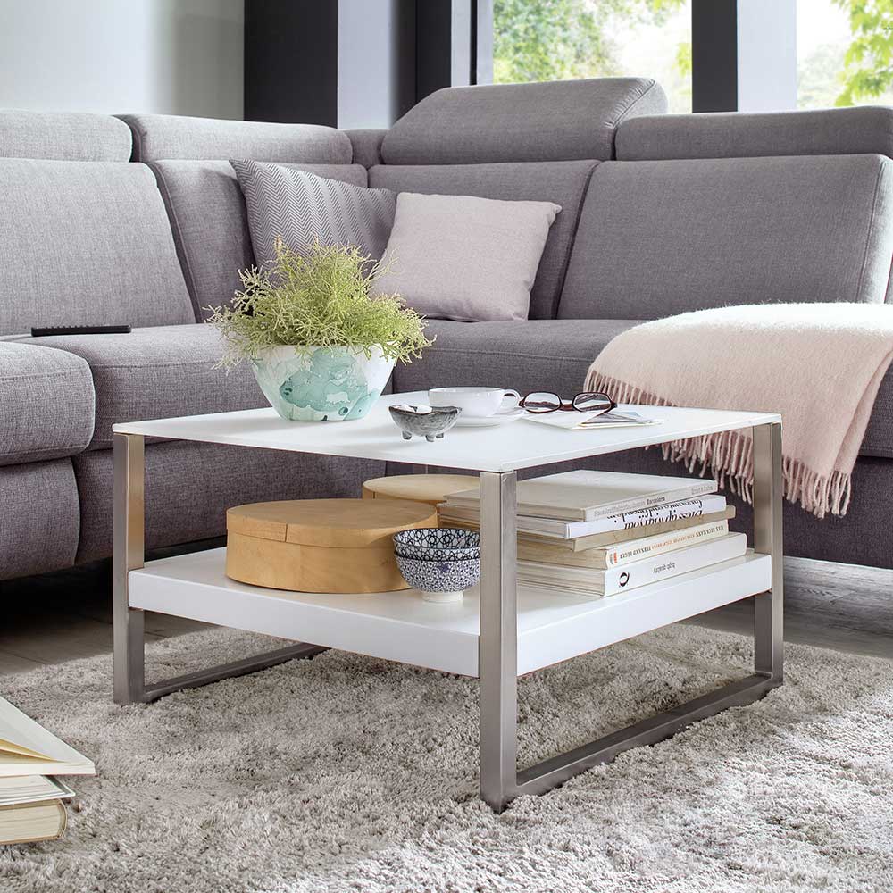 TopDesign Couchtisch mit weißer Glasplatte Metall