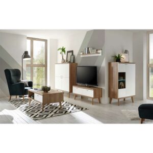 Brandolf Möbel Kombination für Wohnzimmer Weiß und Eiche (fünfteilig)