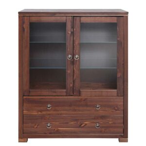 Massivio Highboard Vitrine im Landhausstil Dunkelbraun Kiefer massiv