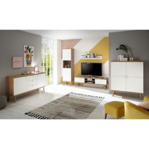 Brandolf Wohnzimmer Kombination im Skandi Design Weiß und Eiche (fünfteilig)