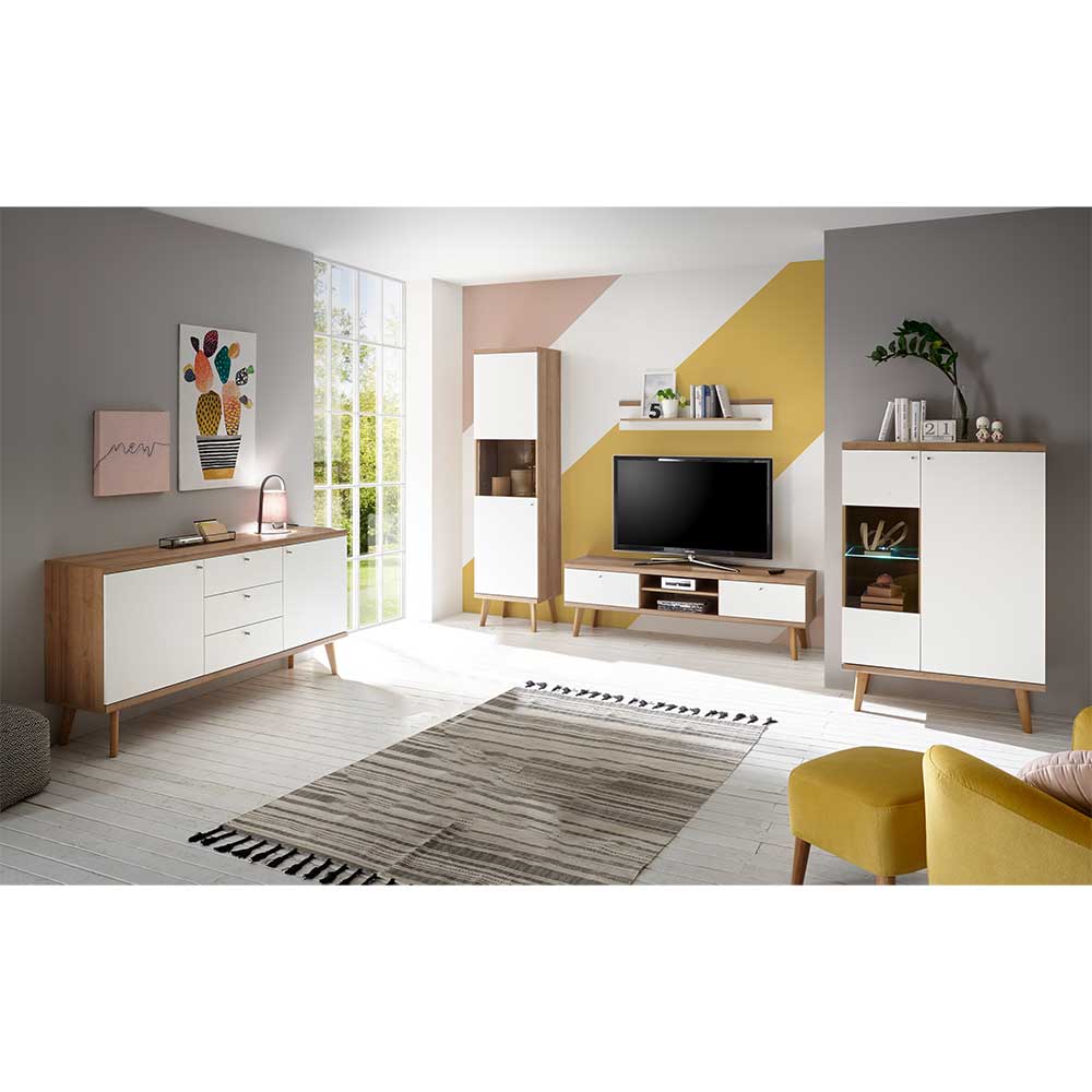 Brandolf Wohnzimmermöbel Set in Weiß und Eiche Skandi Design (fünfteilig)
