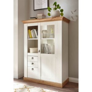 Brandolf Highboard Vitrine im Landhausstil Weiß und Wildeiche Dekor