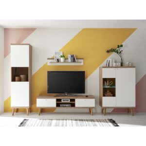 Brandolf Fernseher Wohnwand in Weiß und Eiche 300 cm breit (vierteilig)