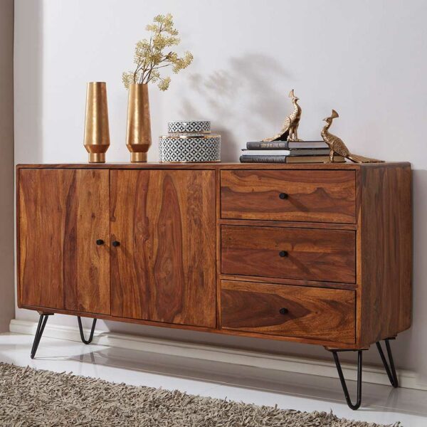 Möbel4Life Wohnzimmer Sideboard aus Sheesham Massivholz und Eisen 140 cm breit