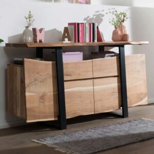 Möbel4Life Rustikales Sideboard aus Akazie Massivholz und Metall Baumkante