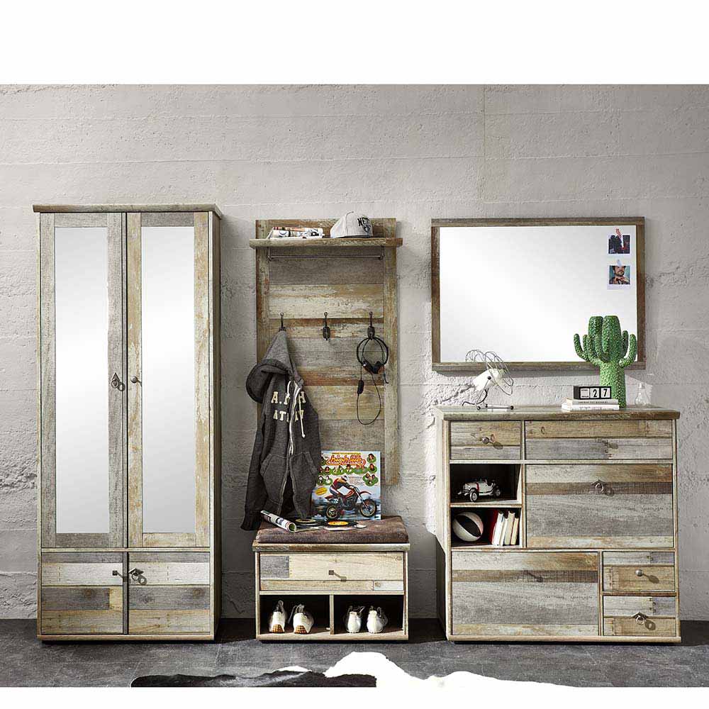 BestLivingHome Design Garderobenmöbel in Grau Treibholz Dekor Shabby Chic (fünfteilig)