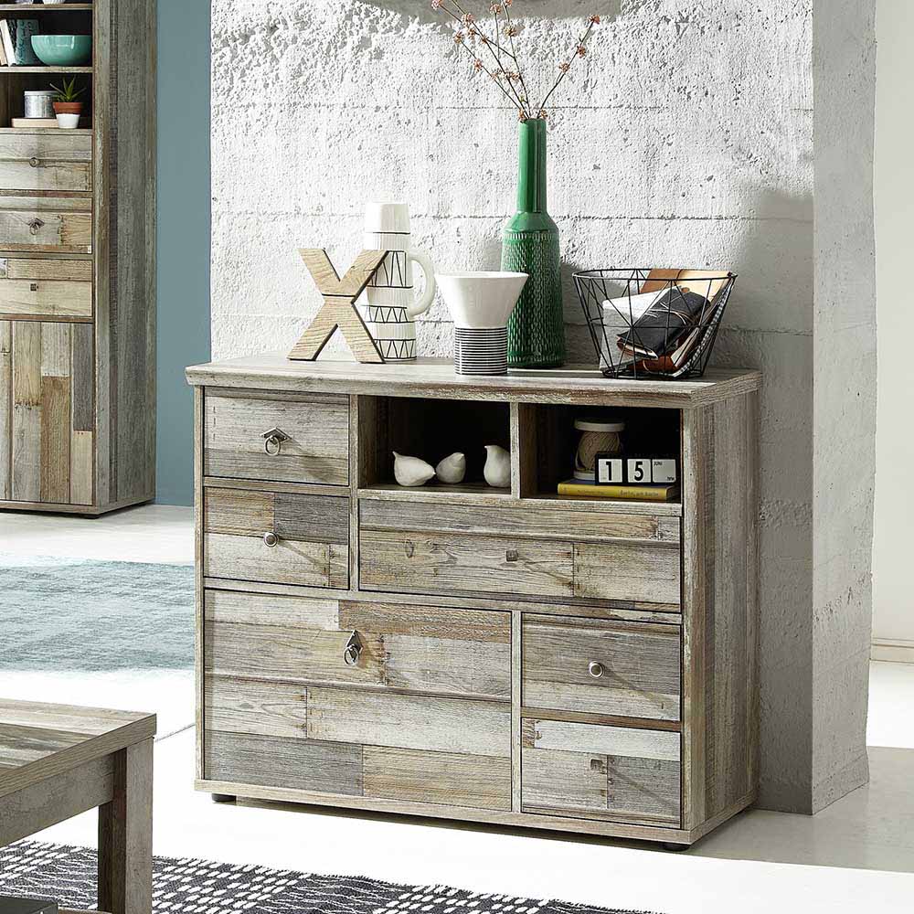 BestLivingHome Shabby Kommode in Grau Treibholz Dekor 80 cm hoch