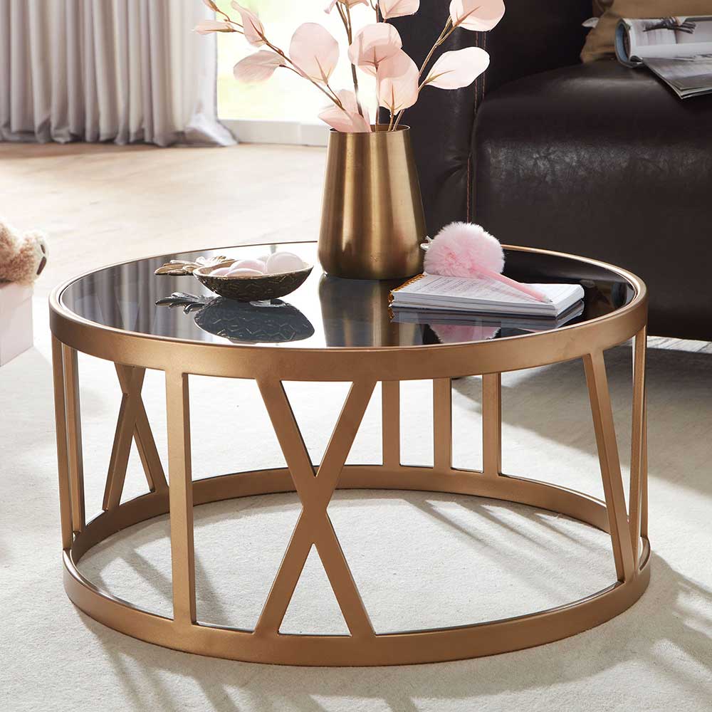 Möbel4Life Runder Wohnzimmer Tisch in Goldfarben und Schwarz Glasplatte