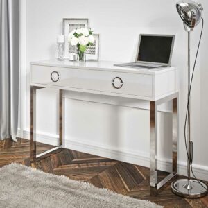 4Home Design Schreibtisch in Weiß Hochglanz Bügelgestell in Chrom