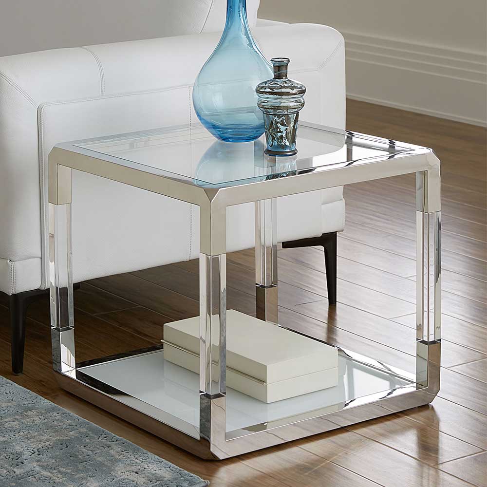 Rubin Möbel Design Beistelltisch Transparent und Weiß Edelstahl und Glas