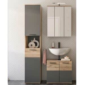 Möbel4Life Waschplatz Set mit Spiegelschrank in Wildeichefarben Grau (dreiteilig)
