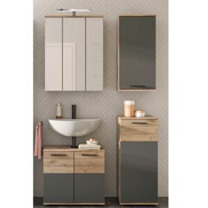 Möbel4Life Waschplatz Set in Wildeichefarben und Grau inklusive Spiegelschrank (vierteilig)