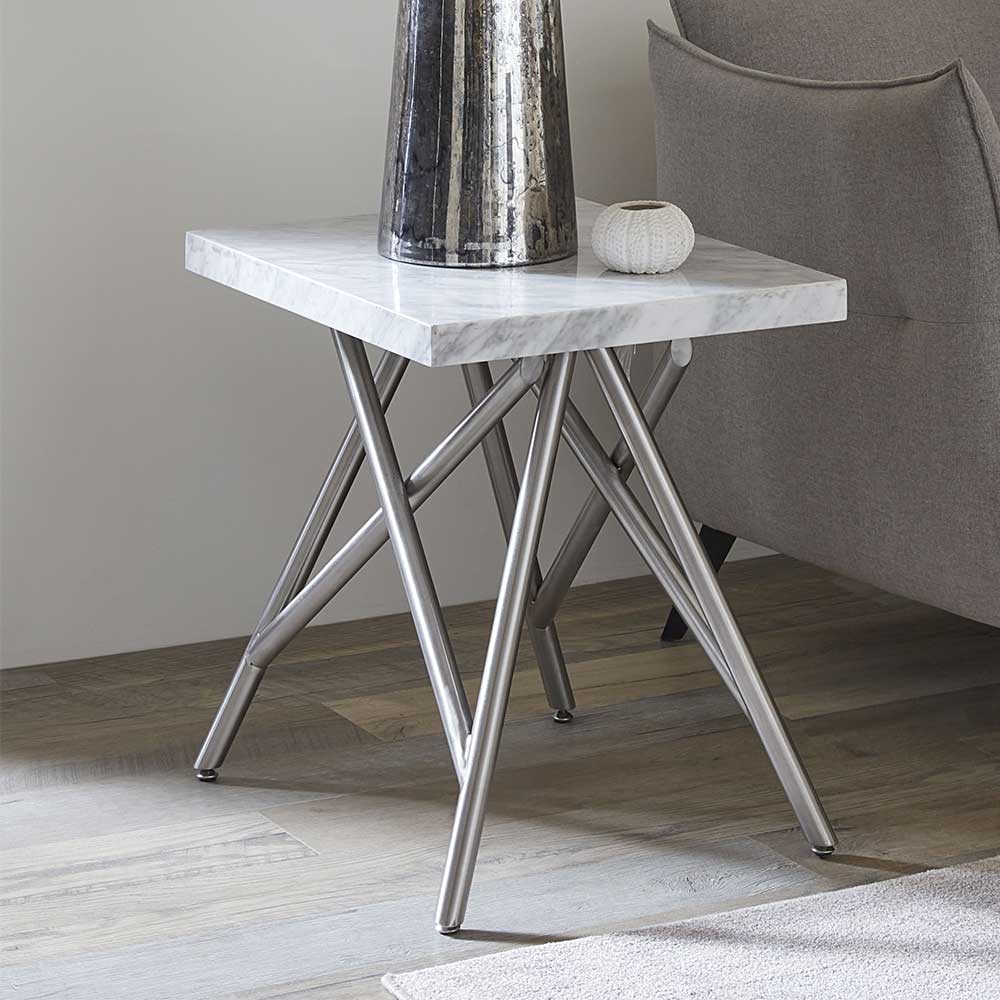 Rubin Möbel Beitisch mit weißer Marmorplatte Vierfußgestell aus Edelstahl