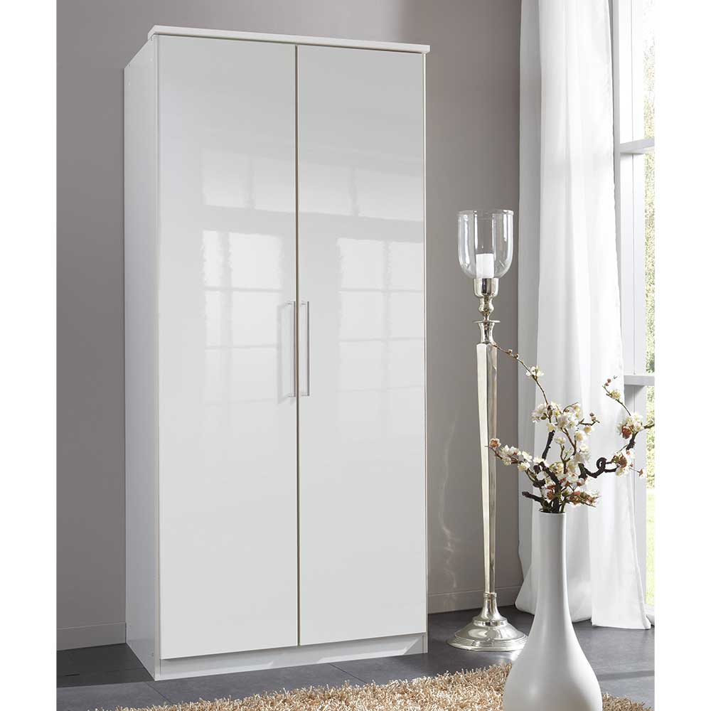 Star Möbel Weißer Hochglanz Kleiderschrank inklusive Kranzleiste 91 cm breit